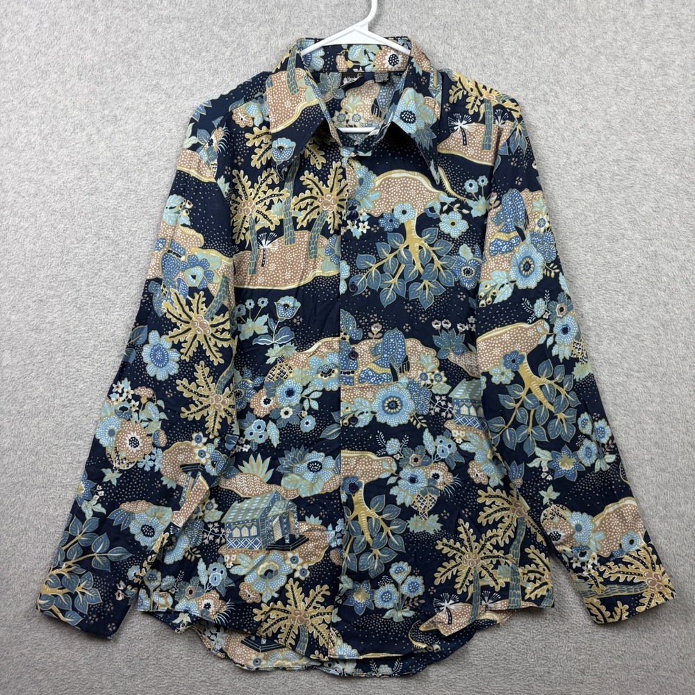 Vintage 70s Disco Shirt Mens Large Floral Toile Dagger Collar Sears Hands Off
